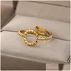 Cluster Rings Vintage Round Hollow Open For Women Stainless Steel Gold Beads Adjustable Finger Couple Ring Aesthetic Jewelry Drop Del Dhz6R