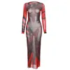 Casual Dresses Women Y2k Midnight Club Streetwear Outfits Mesh Sexig Maxi Dress See Through Coquette Gradient Handavtryck Trend Skinny