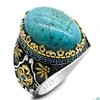 Pierścienie klastra marka 925 Sterling Sier Mens Natural Turquoise Ring Vintage Design z niebieskim CZ CZ Punk Rock Male T Drop dostarczenie J DHK9Y