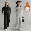 Clothing Sets Girls Winter Fleece Sweatshirt Tops Wide Leg Pants Two-piece Kids Sport Suits 2023 Spring Children Thicken Outfits