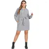 Plus Size Kleider Langarm Herbst Freizeitkleid Damen Grau Krawatte Taille Taschen Pullover Hoodie Tunika Sweatshirt Große Kleidung