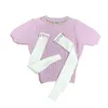 Kvinnors tröjor Heavy Industry Beads Pink Short Sleeve Sticked T-shirt Kvinnors stickat 2023 Spring High midja tröja med Raglan
