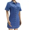 Party Dresses Women Single Breasted Denim Shirt Dress Fashion Elastic midjestickan Sexig High Short Sleeve Mini