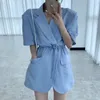 Costumes pour femmes Corée Chic Rétro Tempérament Lait Bleu Revers Double Poche Cordon Taille Conception Lâche À Manches Courtes Costume Veste Femmes