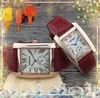 Relojes rectangulares populares con números romanos, cuero genuino, hombres, mujeres, amantes, batería de cuarzo, súper parejas, serie de tanques, oro rosa, plata, reloj de pulsera con fecha automática, regalos