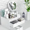 Storage Boxes LED Mirror Makeup Organizer Bathroom Large Capacity Drawer Box Skin Care Dressing Table Girl Cosmetic Beauty Case