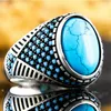 Anneaux De Mariage Turc À La Main Vintage Grand Ovale Naturel Turquoise Pierre Anneau Pour Hommes Femmes Rétro Or Argent Couleur Bleu Perle Bande Cadeau