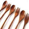 Dinnerware Sets 8 Pcs Wooden 9 InchJapanese Spoon Fork Set Kitchen Tableware Natural Wood Cutlery Dinner