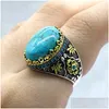 Cluster Rings Brand 925 Sterling Sier Mens Natural Turquoise Ring Vintage Design With Blue Cz Zircon Punk Rock Male T Drop Delivery J Dhk9Y