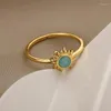 Bröllopsringar Boho Vintage Sunflower Ring Blue Opal Engagement för kvinnor Öppna manschettfingerjustering Kvinnsmycken gåva