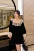 Casual Dresses Women Lace Embroidery Square Collar Vintage Mini Robe Long Sleeve Velvet Short Dress