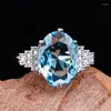 Bröllopsringar Fashion Plated Oval Water Blue CZ Stone Ring Micro Paled Rhinestones for Women Girls Party Jewelry O4M689