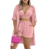 Kvinnors spårningsdräkter ELE-val Kläder Kvinnor Kläder Set Crop Top Coat Shorts Solid Color Lace-Up Summer Single Breasted Pockets Outfit