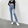 Kvinnors jeans stretch kvinna 2023 hög midja femme split blyerts tätt denim mager byxor blossade byxor kvinnor donna klocka botten