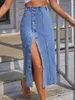 Skirts 2023 Denim Women's Button Irregular Split Maxi High Waist Midi Length Elegant Straight Skirt Retro Plaid