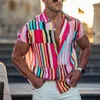 Camisas casuais masculinas verão 2023 Camisa de lapela masculina Hawaiian Manga curta Padrão de listra 3D Cardigan masculino