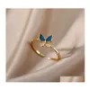 Cluster Rings Vintage Minimalist Sier Color Open For Women Personality Feather Butterfly Adjustable Finger Ring Girl Jewelry Gift Dr Dhnak