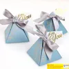 Blue Triangle Candy Box för bröllopsfest gynnar gåvor papper baby shower dekoration present wrap