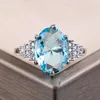 Bröllopsringar Fashion Plated Oval Water Blue CZ Stone Ring Micro Paled Rhinestones for Women Girls Party Jewelry O4M689