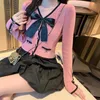 Femmes tricots japon Sueters De Mujer tempérament rétro automne col en V nœud rose Cardigan tricoté manteau mince à manches longues pull en tricot haut