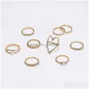 Band Rings Fashion Jewelry Faux Pearl Rhinstone Crown Hollow Love Ring Set Knuckle 9Pcs/Set Drop Delivery Dh0Ho