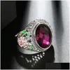 Klusterringar Fashion Chunky Purple Stone Hollow Flower Emaljing Mönsteruttalande för kvinnor Girl Wedding Jewelry Drop Delivery Ring Dhfjy