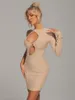 Casual Dresses Sexy One Shoulder Hollow Ring Apricot Long Sleeve Bodycon Rayon Bandage Mini Dress Fall 2023 Women's Elegant Party