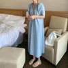 Festklänningar kvinnor sommarlång skjorta blå klänning kvinnlig v hals vestidos rak plus size robe femme ete vintage sukienki jurken puff