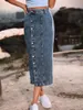 Skirts 2023 Denim Women's Button Irregular Split Maxi High Waist Midi Length Elegant Straight Skirt Retro Plaid