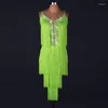 Stage Wear Women's Latin anpassade Green Fringe Tassel Rumba Cha Salsa Tango One-Piece Backless Dance Dress Competition