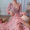 Robes décontractées rose élégante robe florale femmes automne imprimer en mousseline de soie fête Midi femme concepteur coréen doux