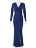 Casual Dresses Deep Blue Evening Long Dress Female Elegant Outfits Stylish V Neck Ruched Folds Sexiga bodycon ärmar Wrap Hips Maxi