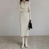 カジュアルドレス女性秋ニットドレスフレンチビンテージスリム弾性特大の長い冬のニットウォームセーター