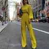 Kvinnors jumpsuits Rompers Guel 2023Women Spring Fashion Elegant Office Lady Workwear Casual Long High Neck Lantern Sleeve Wide Leg Overal