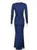 Casual Dresses Deep Blue Evening Long Dress Female Elegant Outfits Stylish V Neck Ruched Folds Sexiga bodycon ärmar Wrap Hips Maxi