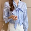 Blouses Femmes Blusas Femininas Élégant 2023 Vetement Femme Vêtements À Manches Longues Top Bow Dot Chemise En Mousseline De Soie Bleu Col En V Camisas De Mujer