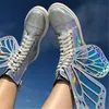 Chaussures habillées Butterfly Wings Femmes Chaussures Shine Silver Leather Flat Sneakers Lace Up Bottines pour femmes high-top Leisure Platform Shoes 2022 220117