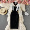 Casual Dresses Fashion Women's Turn Down Collar Gauze Dotted Patchwork Flare Long Sleeve Color Block Bodycon Knee Length Dress SML