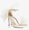 Exquisite Braut Hochzeit Aveline Sandalen SchuheFrauen übergroße Schleifen Mesh Leder High Heels Knöchelriemen Damen elegante berühmte Markenpumpen