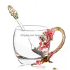 Tasses Couleur Émail Verre Café Tasses De Fleur De Prunier Et Avec Cuillère Poignée Creative Europe Drinkware Drop Livraison Maison Jardin Cuisine Dhxew