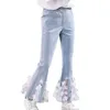 Jeans Enfants Filles Dentelle À Volants Flare Pour Adolescents Taille Élastique Denim Pantalon Cloche Bas Pantalon Leggings