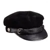 Boll Caps Women Leather Hats For Men 2023 Winter Vintage Thin Black Suede Motorcykel basker med bältet Male Korean Student Cadet Hat 61