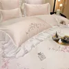 Bedding Sets 140S Egyptian Cotton Flowers Embroidery French Princess Style Set Lace Edge Quilt Cover Bed Linen Pillowcases Bedclothes