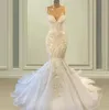 2022 African Spaghetti Strap Mermaid Wedding Gowns Beaded Embroidery Lace Wedding Dresses Sweep Train Organza Bridal Gown Formal Robes De Mariee