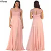 Plus size roze chiffon a line bruidsmeisje jurken lange juweel nek kanten appliques kralen bruiloft gasten feestjurken cap mouwen vegen trein bruidsmeisje al7311