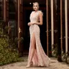 2023 Glitzer rosa Pailletten Feathers Abendpartykleid für Frauen Meerjungfrau Schatz sexy Seite Split Rückenless Prom Kleid formelle Outfits