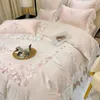 Bedding Sets 140S Egyptian Cotton Flowers Embroidery French Princess Style Set Lace Edge Quilt Cover Bed Linen Pillowcases Bedclothes