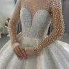 Luxury Ball Gown Wedding Dresses 2023 Pearls Beads Long Illusion Sleeve Bridal Gowns Arabic Dubai Muslim Sequined Robe De Mariage Custom Made