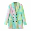 Costumes pour femmes Vert Femmes Tie Dye Blazer Vestes 2023 Mode Dames Élégant Double Boutonnage Casual Femme Vintage Costume Filles Chic Blazers