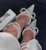 Dress Shoes Glitter Rhinestones Women Pumps Crystal Bowknot Satin Sandals 2022 Summer Transparent Shoes High Heels Party Prom Designer Shoes 220117